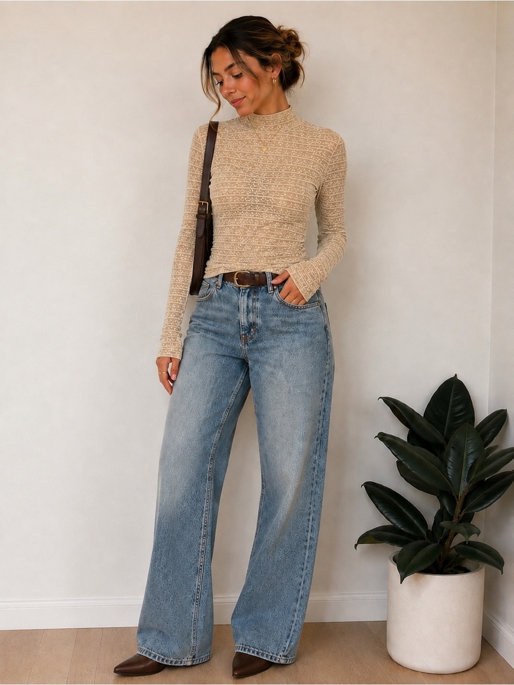 Blakeley Beige Textured Mesh Mock Neck Top | Size 1X | Stretch Layering Top